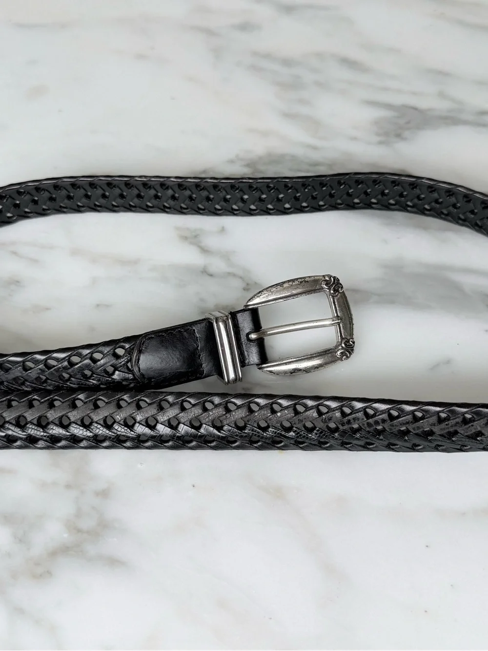 Vintage Fossil Black Leather Braided Belt w/ Silver Accents